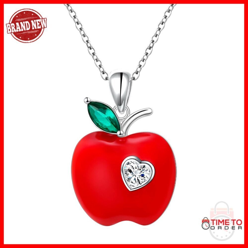Sterling Silver Apple Pendant Necklace with Heart Diamond, 18+2 Inch Chain